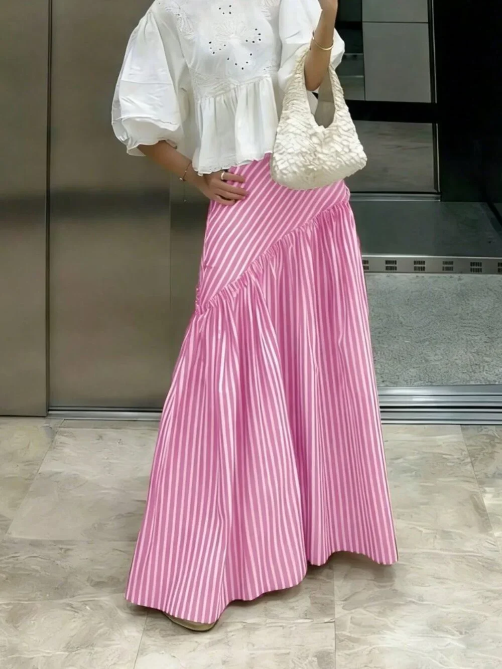 Pink Casual,Elegant Women's Casual A-Line Striped Ruffle Hem Skirt